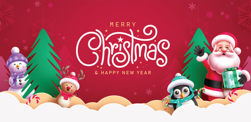 Wall Mural - Merry christmas greetings vector banner design. Christmas greeting text with friendly santa claus, snowman, reindeer, penguin characters in paper cut clouds and pine tree elements red background. 