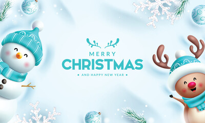 Fototapete - Merry christmas greeting vector banner design. Christmas greeting text in snow winter background with cute snowman, happy reindeer characters and xmas elements. Vector illustration holiday season card