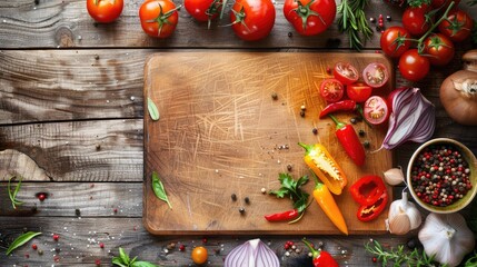 Wall Mural - food recipe concept with cutting board on wooden table background viewed from top