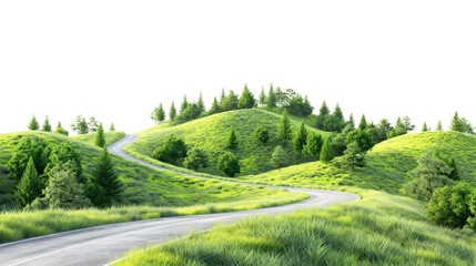 Road in the green mountains forest isolated on transparent white background, clipping path