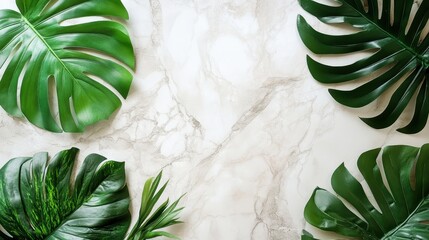 Tropical leaves arrangement on marble surface with text space tropical leaves, monstera, palm leaves, marble background, flat lay, minimalistic, lush greenery, light and shadows, natural decor, botani