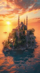 Majestic Mosque on a Secluded Island at Sunset.