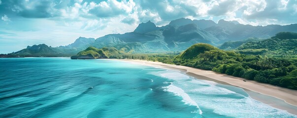 Wall Mural - Aerial View of a Tropical Beach with Lush Green Mountains and Turquoise Water