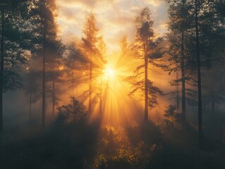 Poster - Majestic sunrise over a misty lush forest with captivating rays of light piercing through the trees creating a serene and natural landscape