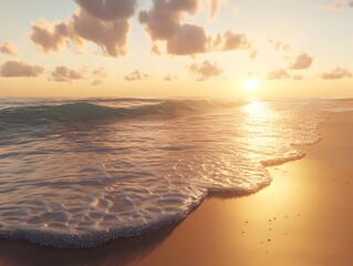 Poster - Tranquil beach scene at sunset with golden sand and gentle rolling waves in a 3D rendering  Serene coastal landscape with a calming peaceful atmosphere