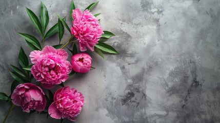 Sticker - Vibrant pink peonies in full bloom on grey background top view close up Ample space for text