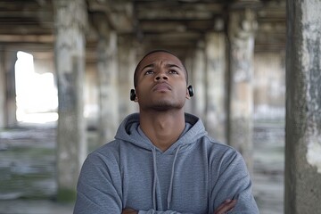 Man in a hoodie listening to music. Perfect for representing the power of music and self-reflection.