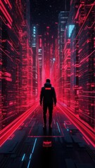 A futuristic scene featuring a silhouetted figure in a neon-lit pathway, showcasing technology and digital aesthetics.