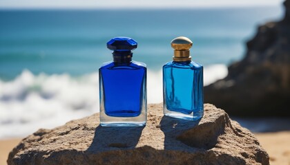 Wall Mural - A coastal escape: blue perfume bottle resting on sun-warmed rocks by the sea