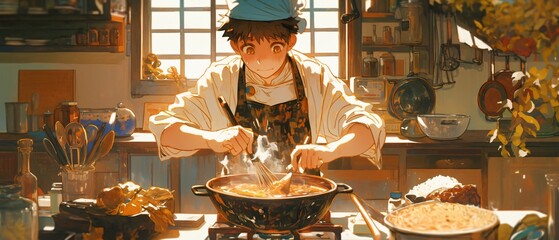 Anime Chef Cooking Delicious Curry in Cozy Home Kitchen