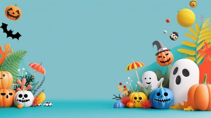 Wall Mural - High-resolution vector of an abstract cute Pocong Halloween keynote template background with vibrant colors and spooky elements 