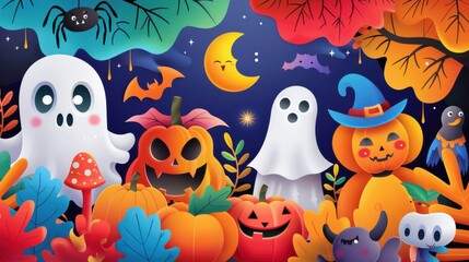 Wall Mural - High-resolution vector of an abstract cute Resquro Halloween background with playful spooky characters and bright colors, artistic and fun design 