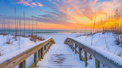 winter sunrise over snowy beach with wooden bridge