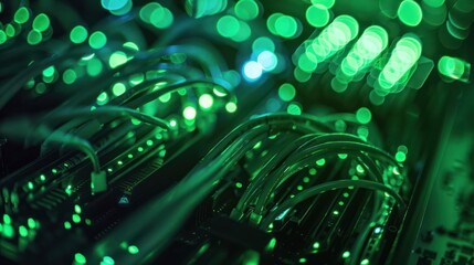 Poster - Close Up of a Server Motherboard with Green LEDs