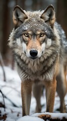  grey wolf setting on snow in the woods at winter 3d  