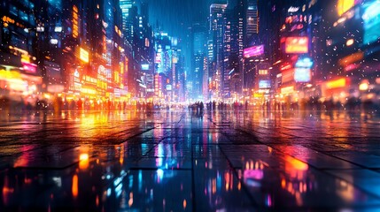 Wall Mural - A vibrant cityscape at night, showcasing colorful lights and reflections on wet streets, capturing the energy of urban life.