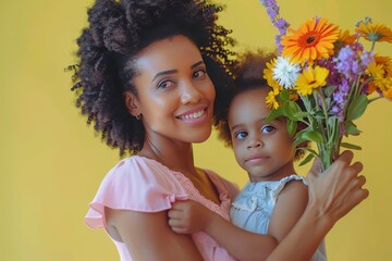 Happy mother and daughter with a bouquet of flowers against a yellow background.