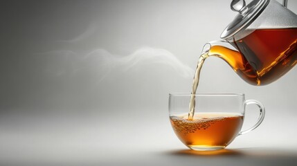 Pouring Healthy Tea into Glass on White Background.