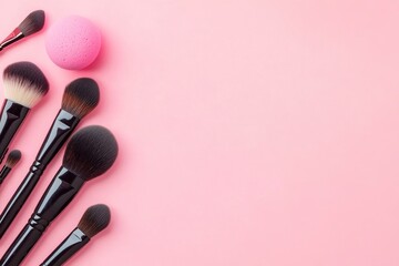 Wall Mural - Makeup brushes and sponges used to apply makeup flat lay with space for words on pink background with generative ai