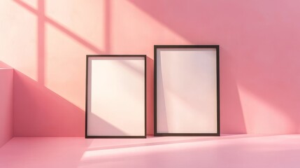 Two black picture frames on pink background