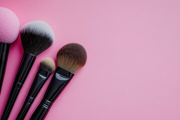 Wall Mural - Makeup brushes and sponges used to apply makeup flat lay with space for words on pink background with generative ai