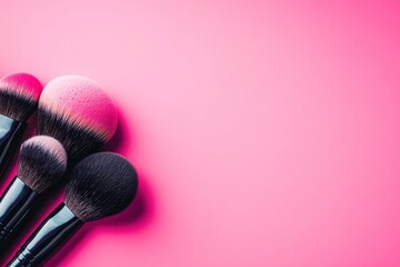 Wall Mural - Makeup brushes and sponges used to apply makeup flat lay with space for words on pink background with generative ai