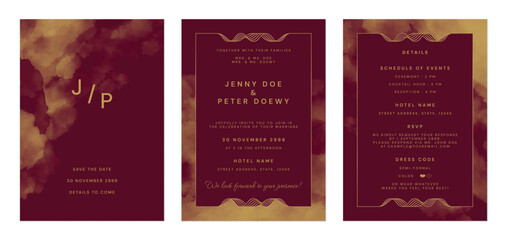 Wall Mural - wedding invitation template set, watercolor paintings in elegant red and gold tones