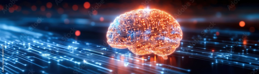 Big data and artificial intelligence concept, human brain glowing from ...