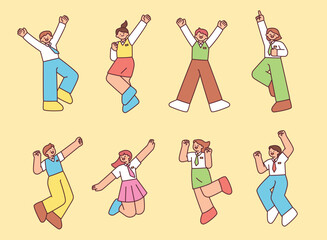 Poster - students in their school uniforms are jumping with excitement. outline simple vector illustration.