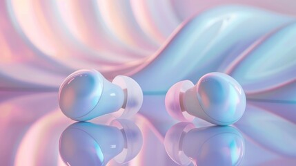 Bluetooth earbuds on vibrant pink and blue background for fashionable technology and travel accessories concept