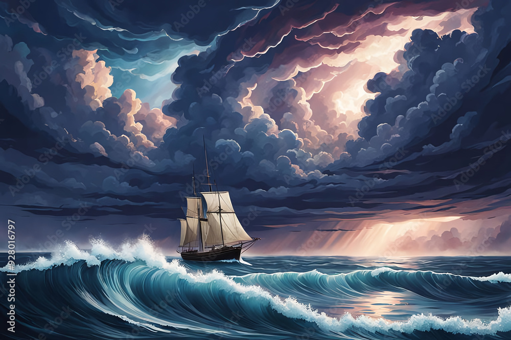 Dark Stormy Ocean at night with Intense thunderstorm lightning and ...