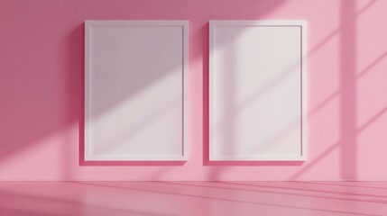 Two white picture frames on pink background