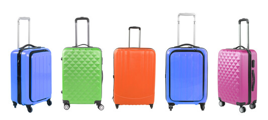 Sticker - Stylish colorful suitcases on white background, set