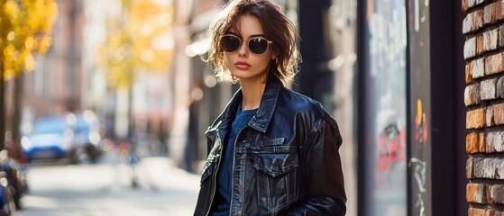 A stylish woman in a leather jacket and sunglasses poses confidently on a city street adorned with autumn colors.