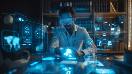 Poster - a businessman in futuristic office working with augmented reality artificial intelligence for business management 