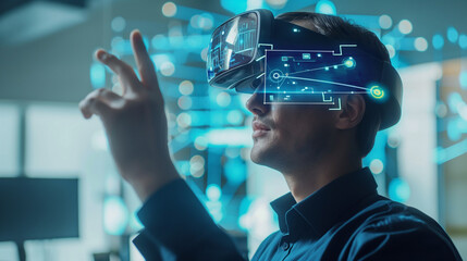 Poster - a businessman in futuristic office working with augmented reality artificial intelligence for busine