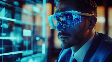 Poster - a businessman in futuristic office working with augmented reality artificial intelligence for business management 