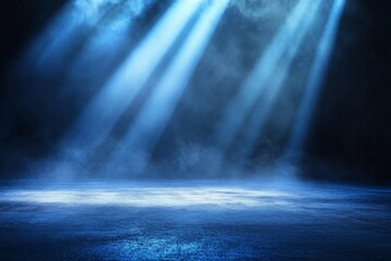 Wall Mural - Abstract blue light rays illuminating foggy dark space with spotlight on empty asphalt floor, creating a mysterious atmosphere for product presentation or branding concepts.