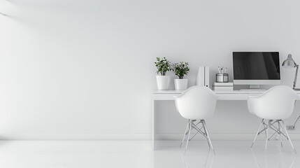 Two white chairs facing a computer monitor at a white desk in a white room.