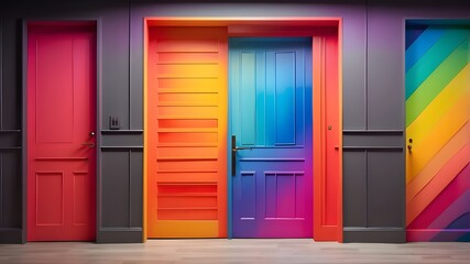 'Door concept pride colors spectrum frame rainbow wall vivid full colored' is the description of this intricately carved wooden entrance door with vintage architectural details.


