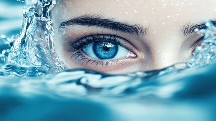 Closeup of a woman's blue eye with water splashing around it.