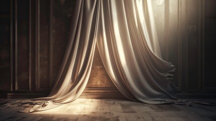 Wall Mural - A white curtain hangs in a room with dark wooden walls and a light wooden floor. The light shines through the curtain, creating a dramatic effect.