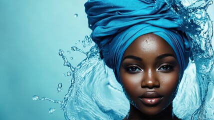 Wall Mural - Close-up portrait of a beautiful black woman with blue fabric head wrap surrounded by water splashes.