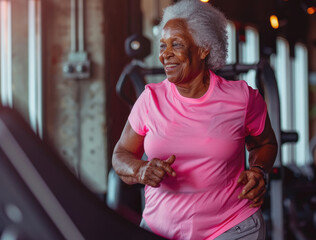 Sticker - a senior woman in a pink t-shirt and grey yoga pants running on a treadmill at the gym, smiling with a happy expression