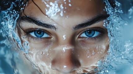 Wall Mural - Close-up portrait of a woman's face with water splashing around her, showing only her eyes and nose.