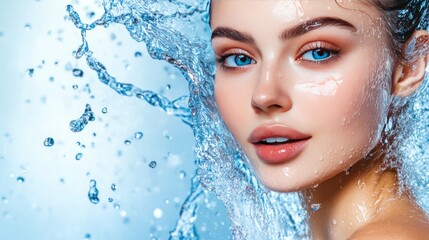 Wall Mural - Close-up of a woman's face with blue eyes and a splash of water.