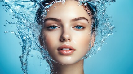 Wall Mural - A beautiful woman with blue eyes submerged in water, creating a splash of water droplets around her.