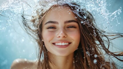 Wall Mural - A young woman with long brown hair smiles as she is splashed with water, creating a beautiful shower of droplets.