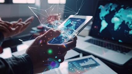 Poster - Businessman Working with a Tablet, Technology & Network Visualization