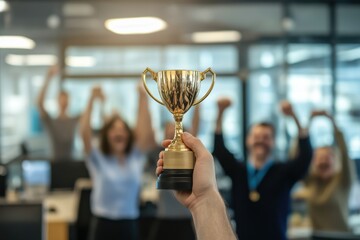 Office team celebrates with smiles and excitement, focusing on a gold trophy as a symbol of their success and accomplishment.